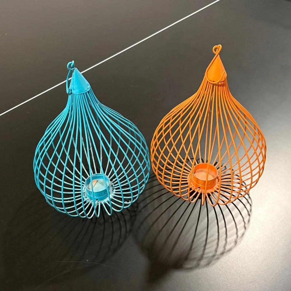 Decorative Teardrop Wire Candle Holders - Orange and Teal